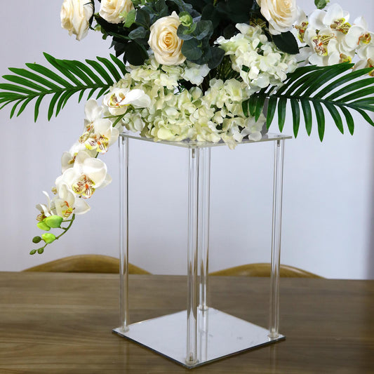 16" Clear Acrylic Wedding Table Centerpiece Vase With Square Mirror Base, Flower Pillar Column Stand